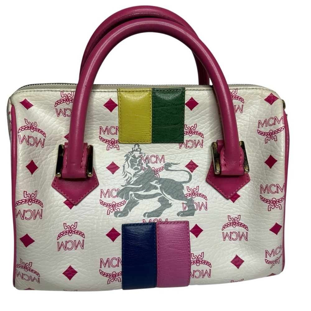 Vintage MCM White and Pink Visetos Leather Lion Boston Bag. - Picture 4 of 11